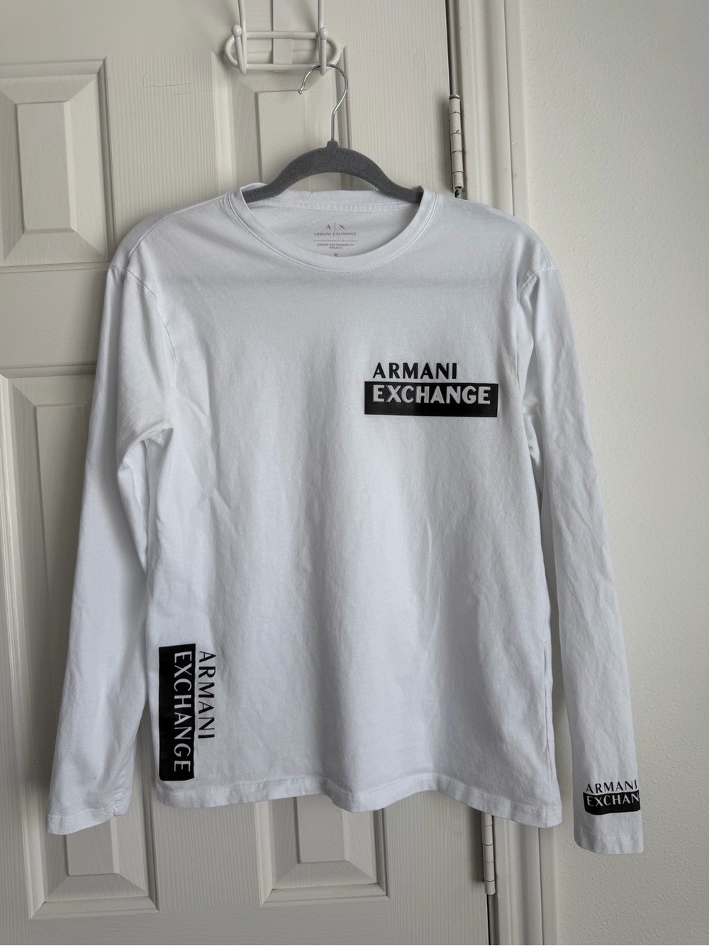 Armani Exchange White Long Sleeve Logo Shirt with Black Accents